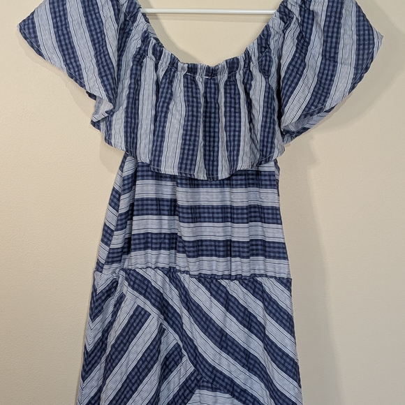Umgee Blue White Striped Off Shoulder Maxi Dress Ruffle Hem Boho Size M - Picture 4 of 8